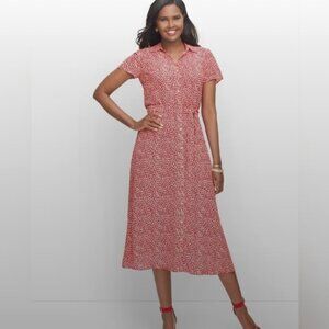 Talbots Red White Leopard Polka Dot Tie-Waist Midi Shirt Dress Size 12